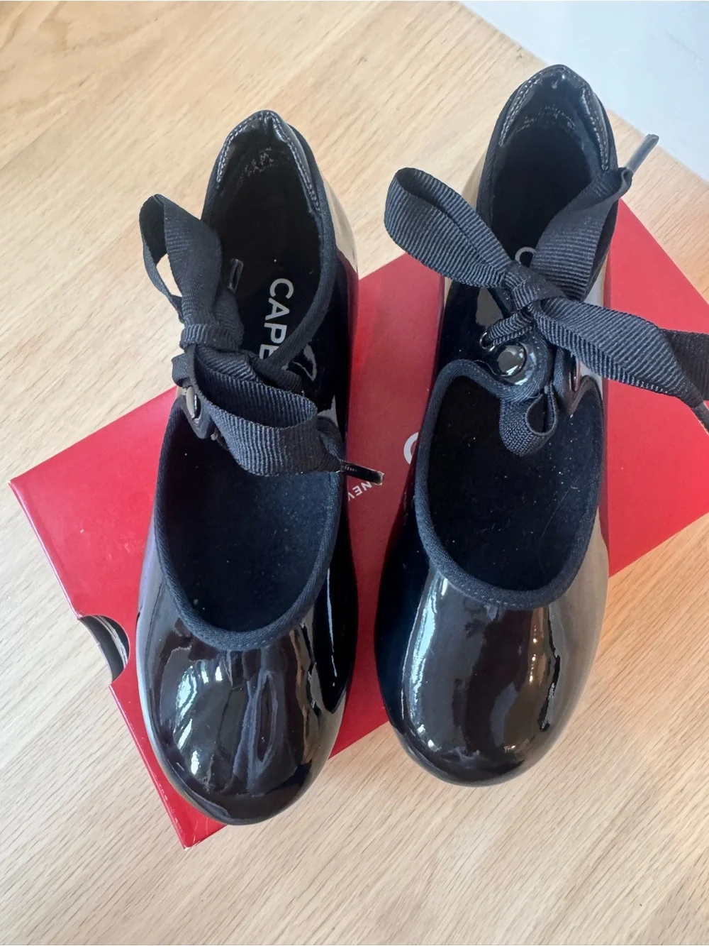 Capezio Black Patent Tap Shoes with Ribbon and snap closure -size 12.5